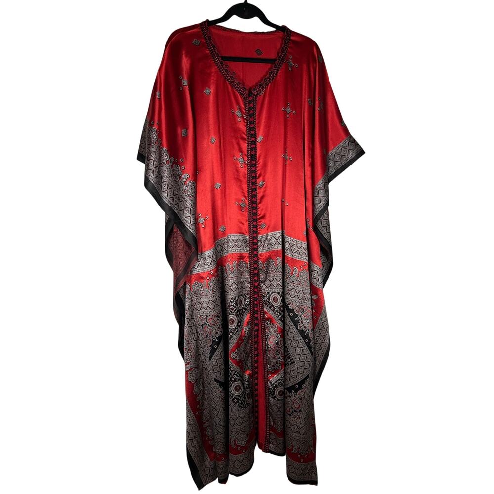 Bohemian Maxi Kaftan Dress Vibrant Red  handmade button up moroccan style Sz XL